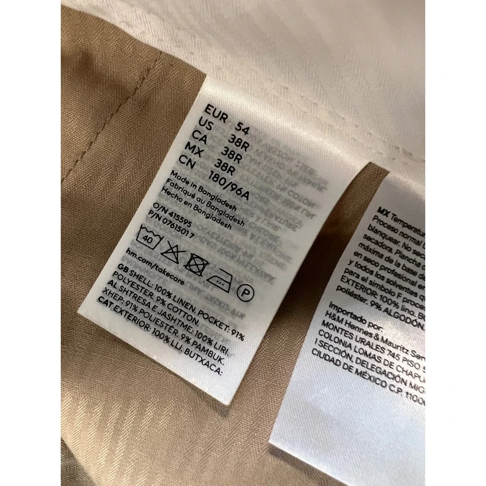 H&M Mens 38R Slim Fit 100% Linen Trousers Beige Oatmeal Summer Dress Pants 38x30